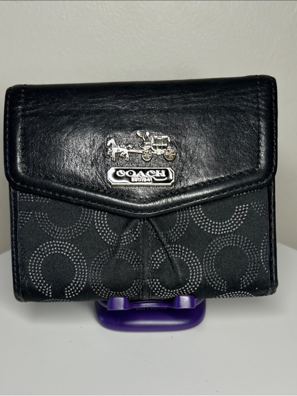Coach Black Signature Bi-Fold Wallet with Silver Tone Logo EUC